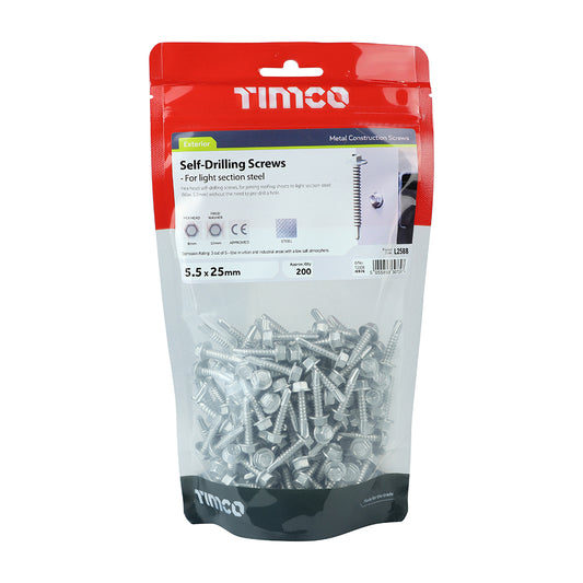 200 x TIMCO Self-Drilling Light Section Screws Exterior Silver - 5.5 x 25