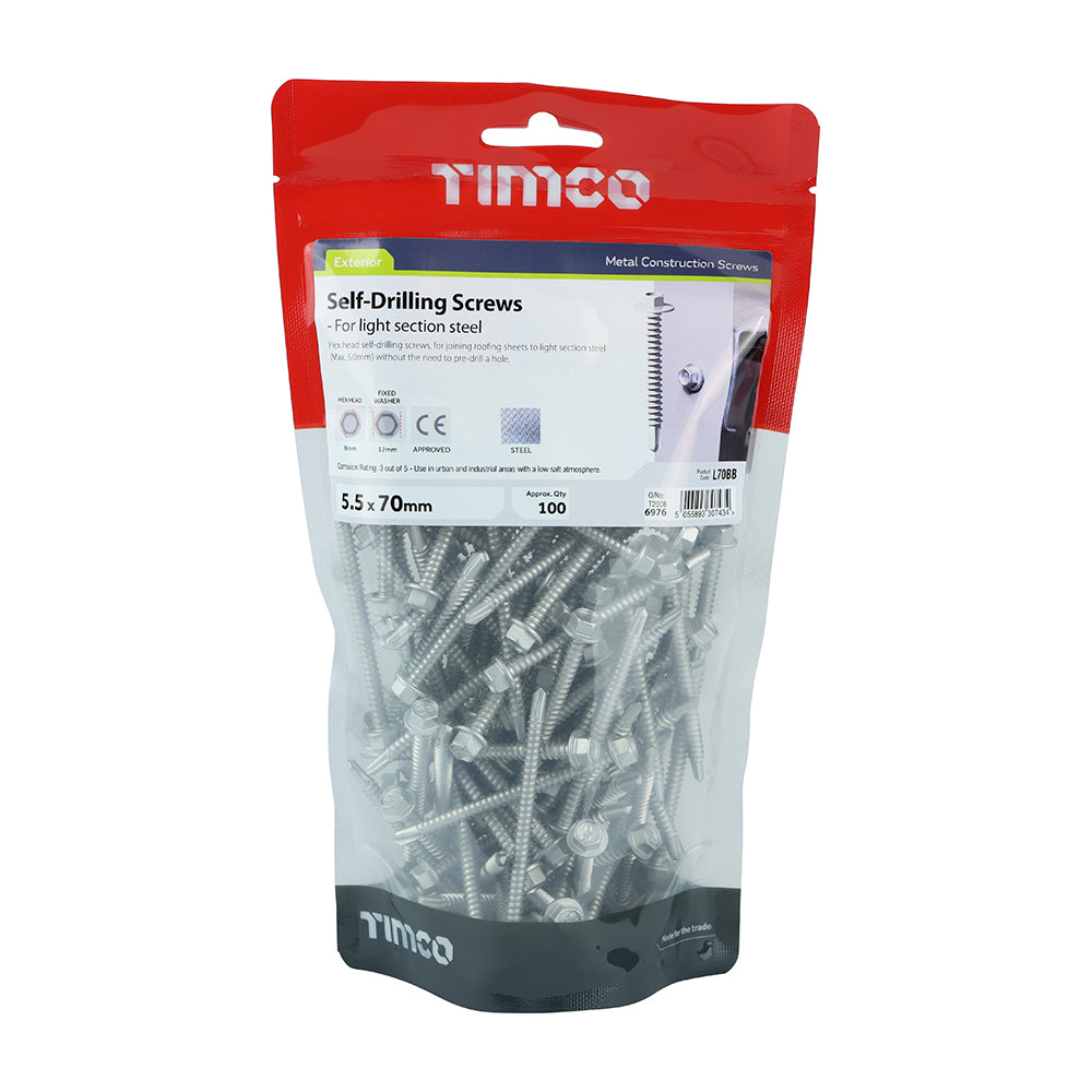 100 x TIMCO Self-Drilling Light Section Screws Exterior Silver - 5.5 x 70