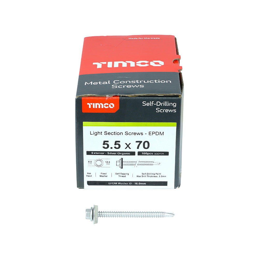 100 x TIMCO Self-Drilling Light Section Screws Exterior Silver with EPDM Washer - 5.5 x 70