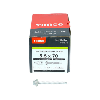 100 x TIMCO Self-Drilling Light Section Screws Exterior Silver with EPDM Washer - 5.5 x 70