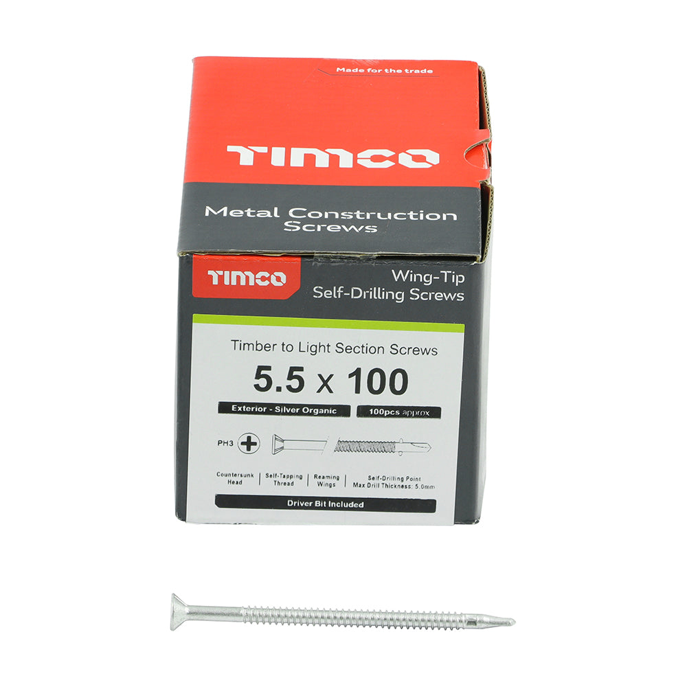 100 x TIMCO Self-Drilling Wing-Tip Steel to Timber Light Section Exterior Silver Screws  - 5.5 x 100