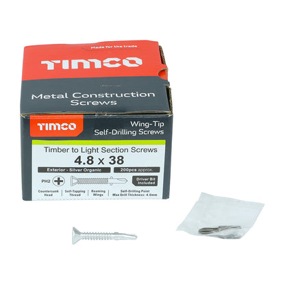 200 x TIMCO Self-Drilling Wing-Tip Steel to Timber Light Section Exterior Silver Screws  - 4.8 x 38