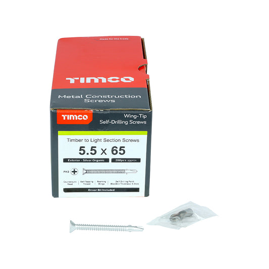 200 x TIMCO Self-Drilling Wing-Tip Steel to Timber Light Section Exterior Silver Screws  - 5.5 x 65