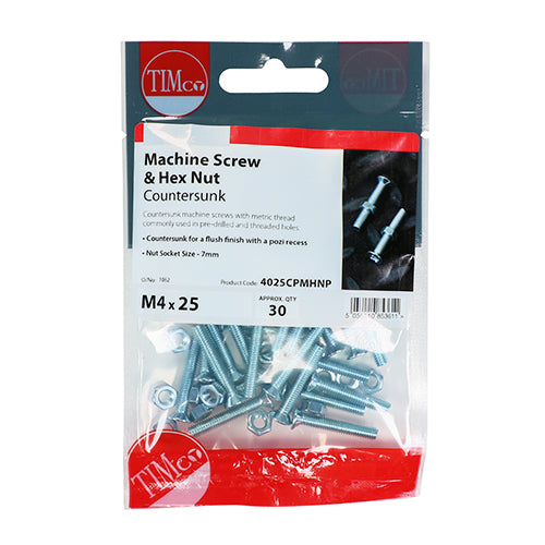 20 x TIMCO Machine Countersunk Screws & Hex Nut Silver - M5 x 30