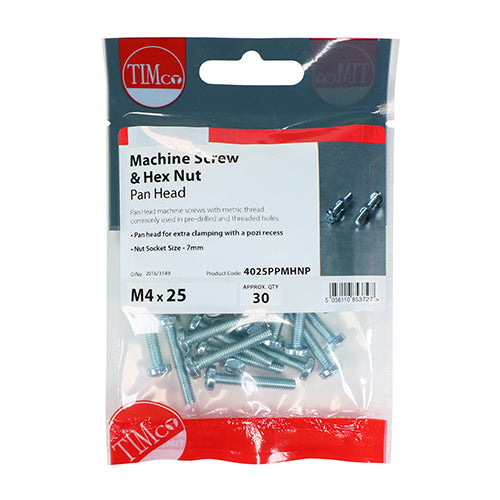 15 x TIMCO Machine Pan Head Screws & Hex Nut Silver - M5 x 30