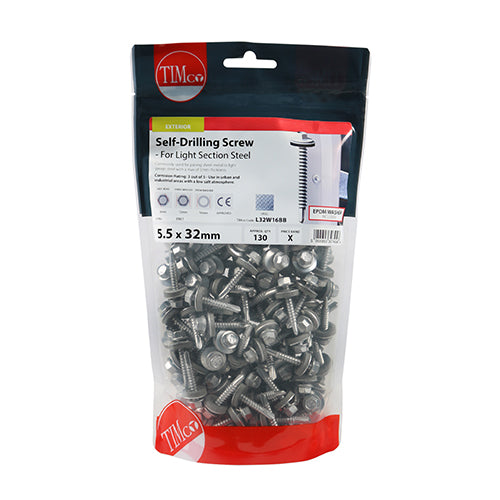 130 x TIMCO Self-Drilling Light Section Screws Exterior Silver with EPDM Washer - 5.5 x 32