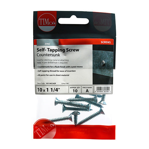 10 x TIMCO Self-Tapping Countersunk Silver Screws - 10 x 1 1/4