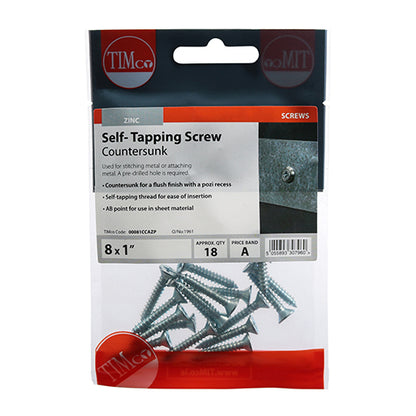 18 x TIMCO Self-Tapping Countersunk Silver Screws - 8 x 1