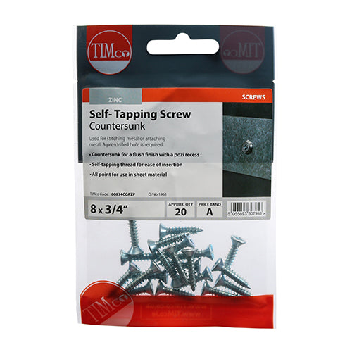 20 x TIMCO Self-Tapping Countersunk Silver Screws - 8 x 3/4