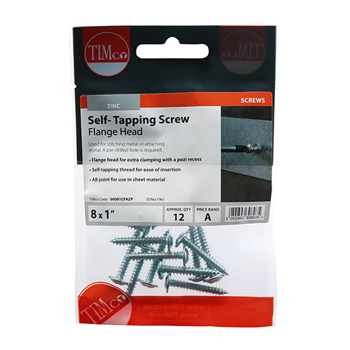 12 x TIMCO Self-Tapping Flange Head Silver Screws - 8 x 1