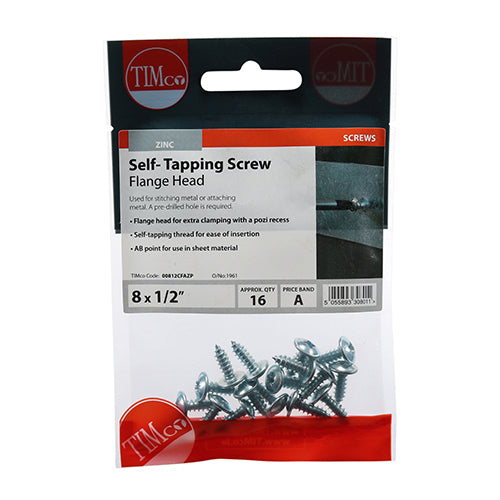 16 x TIMCO Self-Tapping Flange Head Silver Screws - 8 x 1/2