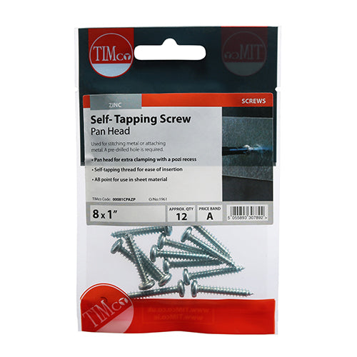 12 x TIMCO Self-Tapping Pan Head Silver Screws - 8 x 1