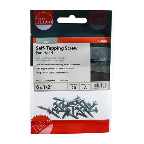 20 x TIMCO Self-Tapping Pan Head Silver Screws - 6 x 1/2