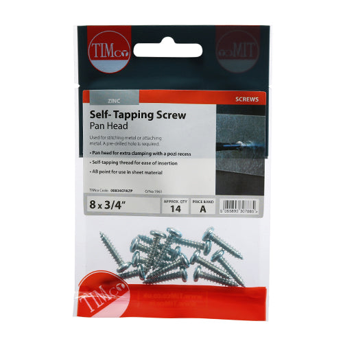 14 x TIMCO Self-Tapping Pan Head Silver Screws - 8 x 3/4