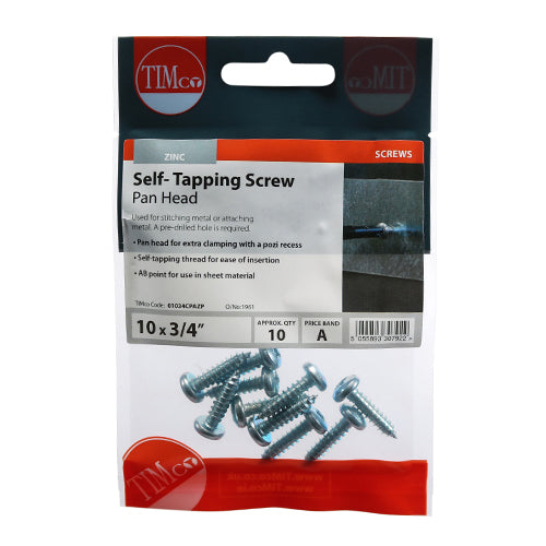 10 x TIMCO Self-Tapping Pan Head Silver Screws - 10 x 3/4