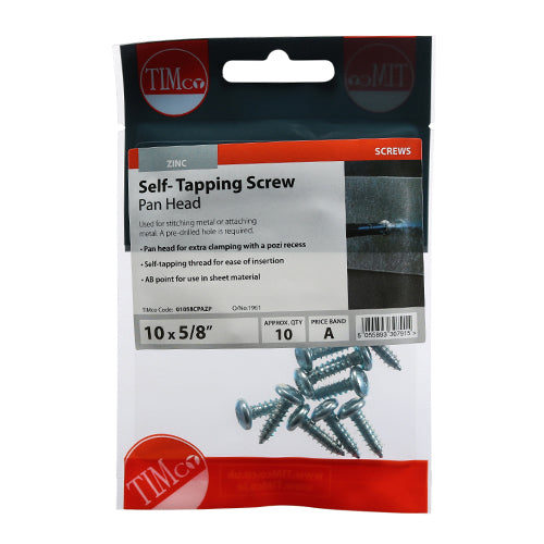 10 x TIMCO Self-Tapping Pan Head Silver Screws - 10 x 5/8