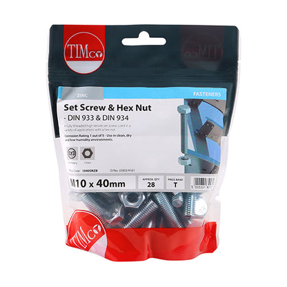 28 x TIMCO Set Screws DIN933 Grade 8.8 & Hex Nut DIN934 Silver - M10 x 40