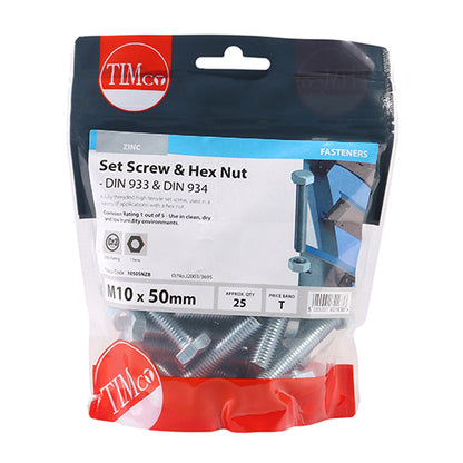 25 x TIMCO Set Screws DIN933 Grade 8.8 & Hex Nut DIN934 Silver - M10 x 50