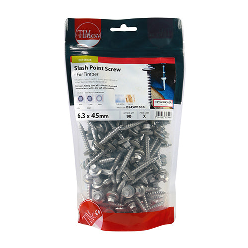 90 x TIMCO Slash Point Sheet Metal to Timber Screws Exterior Silver with EPDM Washer - 6.3 x 45