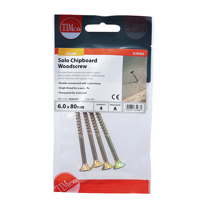 4 x TIMCO Solo Countersunk Gold Woodscrews - 6.0 x 80