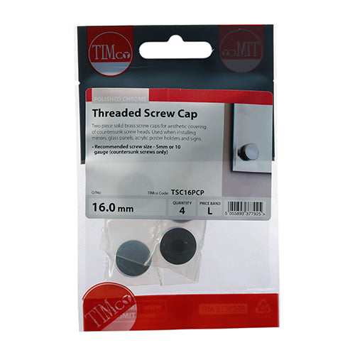 4 x TIMCO Threaded Screw Caps Solid Brass Polished Chrome - 16mm