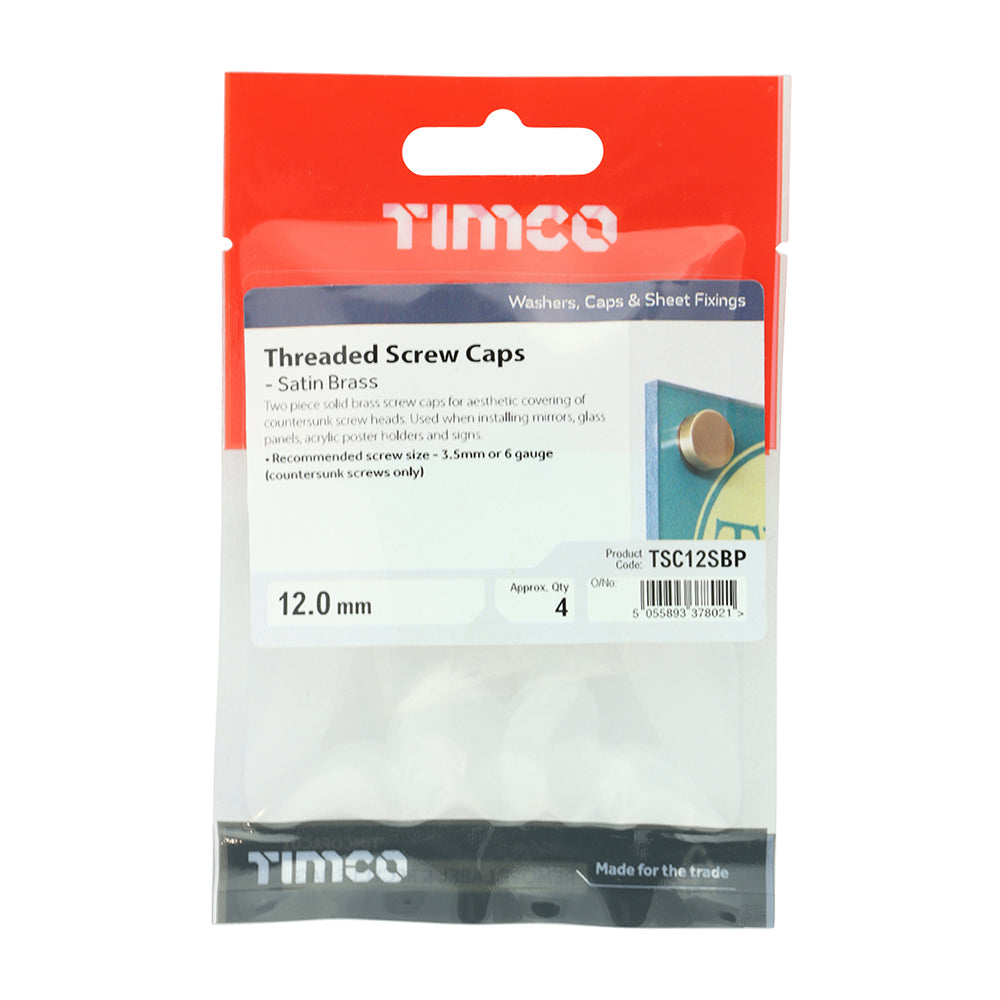 4 x TIMCO Threaded Screw Caps Solid Brass Satin Brass - 12mm