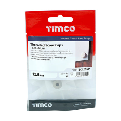 4 x TIMCO Threaded Screw Caps Solid Brass Satin Nickel - 12mm