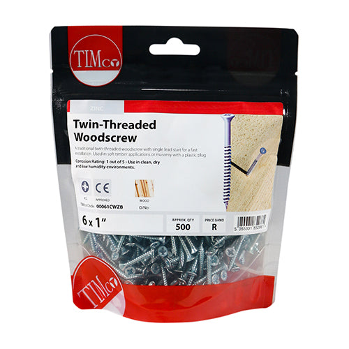 500 x TIMCO Twin-Threaded Countersunk Silver Woodscrews - 6 x 1