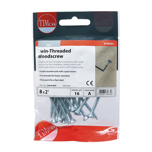 16 x TIMCO Twin-Threaded Countersunk Silver Woodscrews - 8 x 2