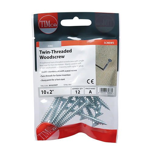 12 x TIMCO Twin-Threaded Countersunk Silver Woodscrews - 10 x 2