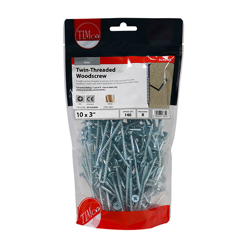 140 x TIMCO Twin-Threaded Countersunk Silver Woodscrews - 10 x 3