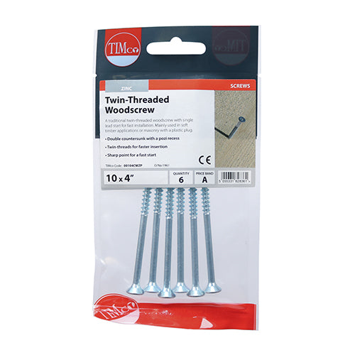 6 x TIMCO Twin-Threaded Countersunk Silver Woodscrews - 10 x 4