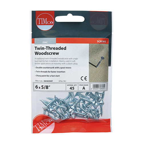 45 x TIMCO Twin-Threaded Countersunk Silver Woodscrews - 6 x 5/8