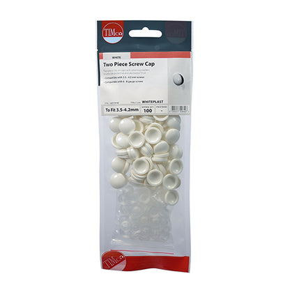 100 x TIMCO Two Piece Screw Caps White - To fit 3.5 to 4.2 Screw