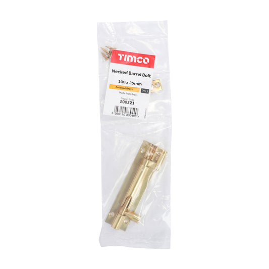 TIMCO Necked Barrel Bolt Polished Brass - 100 x 25mm