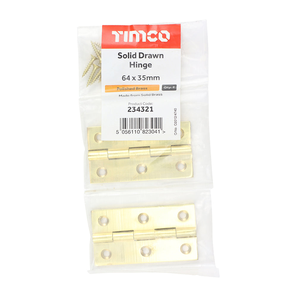 Pair of - TIMCO Solid Drawn Brass Hinges Polished Brass - 64 x 35