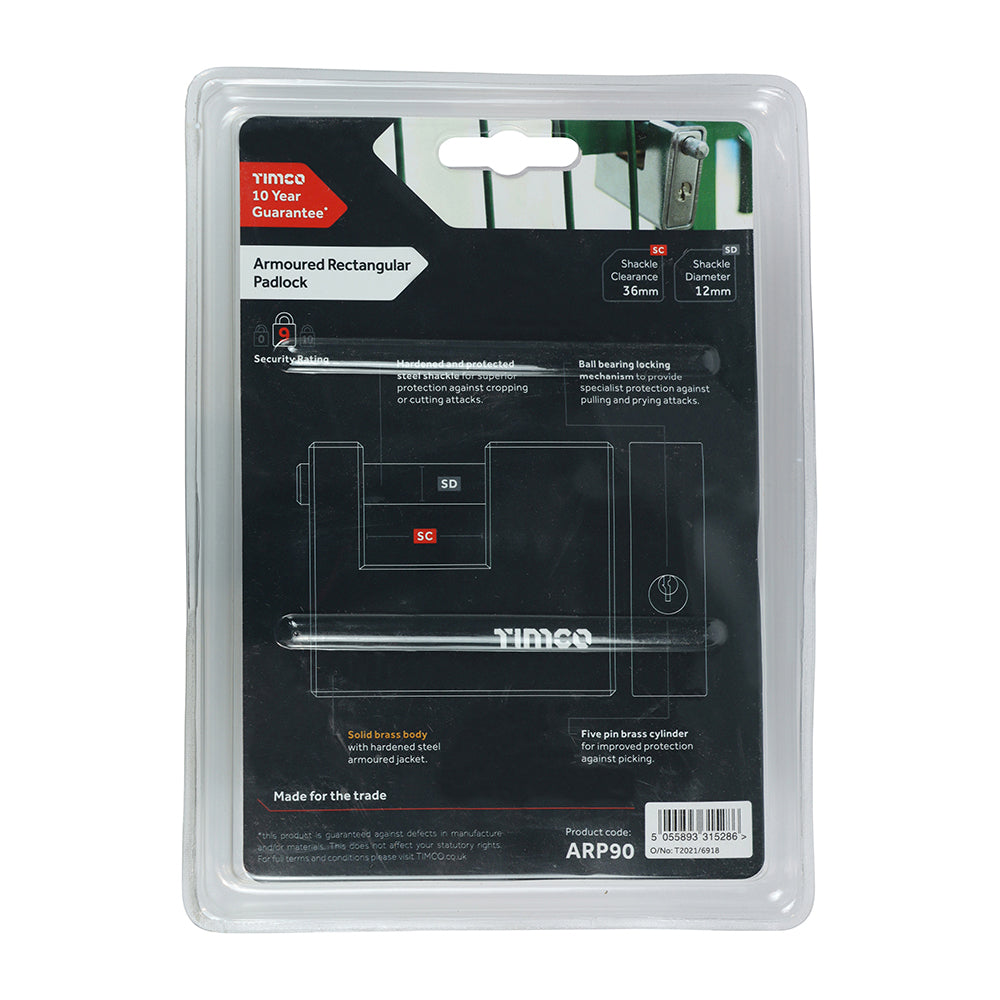 TIMCO Armoured Rectangular Padlock - 90mm