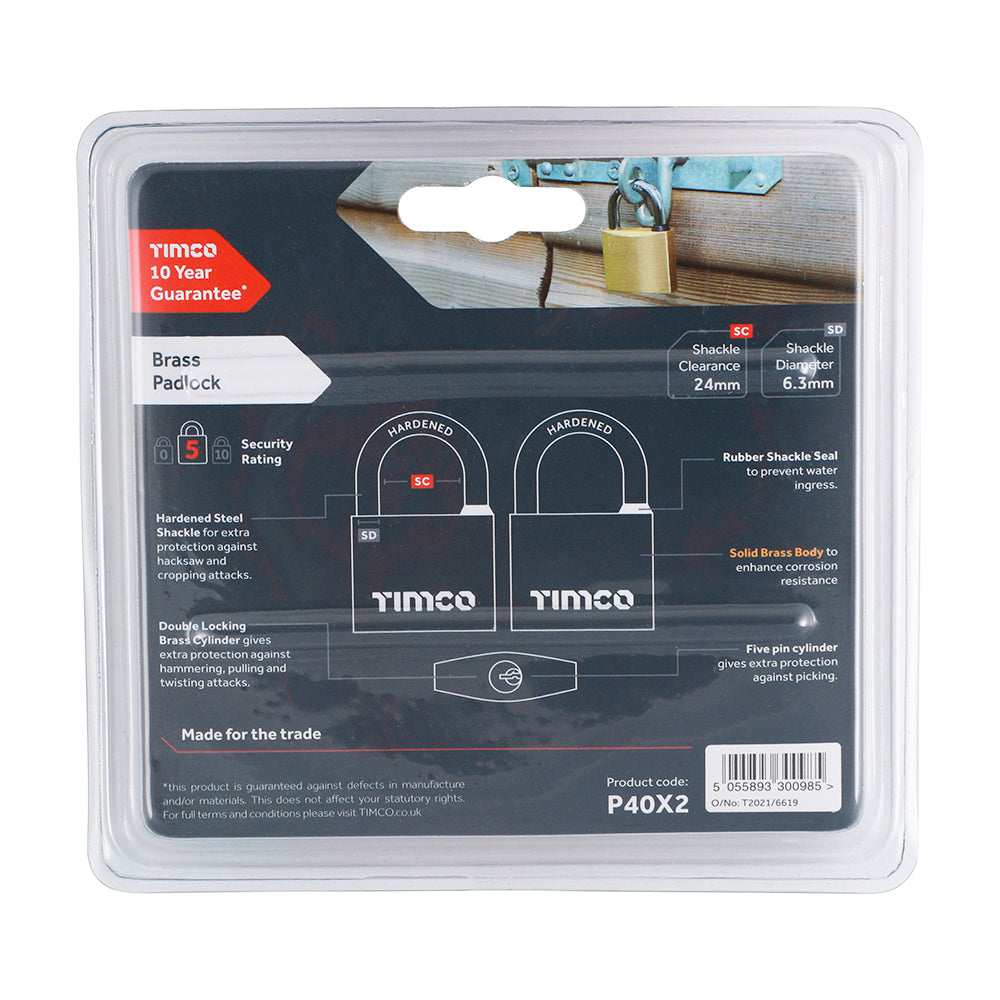 Pair of - TIMCO Brass Padlock - 40mm